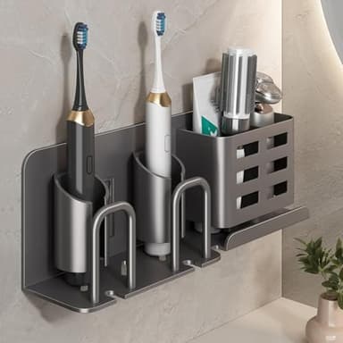 Pddgllut Electric Toothbrush Holder Wall Mounted, Aluminum Bathroom Organizer with No Drill - Holds 4 Toothbrushes & Toothpaste (2 Slots)
