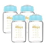 Matyz 4-PACK Wide Mouth Glass Breast Milk Storage Containers With Lids (Blue, 6 Oz Each) - Glass Freezer Safe Breastmilk Storage Bottles - Breast Pump Accessories For Medela Spectra Avent Breast Pumps