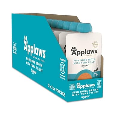 Applaws Natural Wet Cat Food in Topper, Limited and Natural Ingredients, High Protein with No Artificial Additives, Tuna Fillet Bone Broth (12 x 3oz Resealable Spout Pouches)