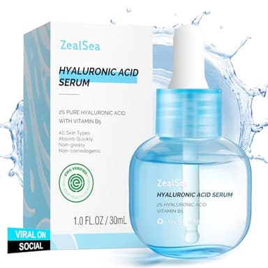 ZealSea Hyaluronic Acid Serum for Face, Hydrating Microneedling Serum, EWG Certified for Sensitive Skin, Vegan Fragrance Free Non-Comedogenic Absorb Quickly, Pure Hyaluronic Acid Anti-Aging 1 Oz