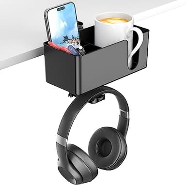 KDD 4 in 1 Desk Cup Holder - Clamp on Under Desk Headphone Hanger - Rotating Headphone Holder Detachable Pen Cup Holder Desktop Storage for Cup, Phone and Pen(Black)