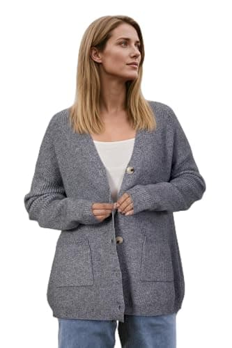 OUGES Women's Button Down Cardigan Wool Blend Oversized Sweater Casual Shirts V-Neck Tops Long Sleeve Coat Ribbed Knit Winter Business Fall Outfits for 2026 Trendy Clothes with Pockets(Light Grey,L)