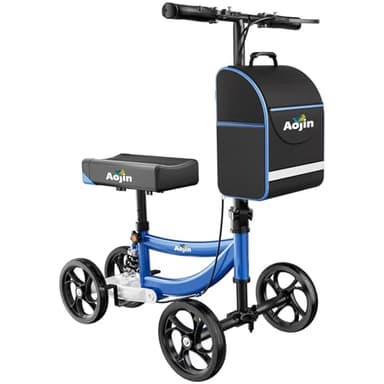 Aojin Knee Scooter for Adults for FootInjuries, 300lbs Capacity, All Terrain Foldable Knee Scooter Walker with Bag, 13" Wide Pu Seat, Compact Crutches Alternative (Blue)
