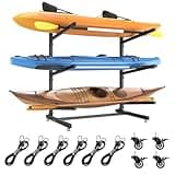 LotFun Kayak Storage Rack, Freestanding Heavy Duty Adjustable Kayak Stand Indoor Outdoor Storage Rack Garage, with Wheels and Foot Pad, for Kayaks, SUPs, Canoes, Surfboard(3 Levels)