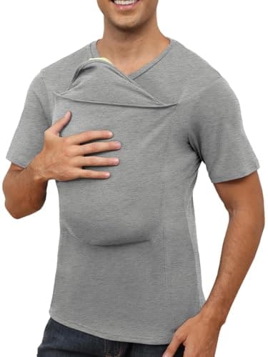 ThusFar Mens Baby Carrier Shirt Dad Shirt for Men Short Sleeve Baby Wearing T-Shirt V Neck Pocket Tee Shirts Gray M