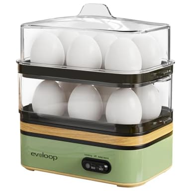 Evoloop Rapid Egg Cooker Electric 12 Eggs Capacity, Soft, Medium, Hard Boiled, Poached, Omelet Maker Egg Poacher & Vegetable Steamer, BPA Free Tray（Green）