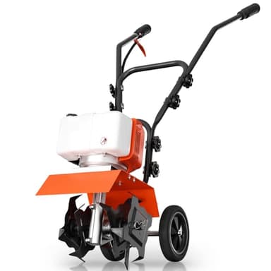 62cc Gas Tiller Cultivator, 10-Inch 2-Cycle Gas Powered Garden Tiller for Heavy Duty Soil, Self-Propelled Lawn Tiller with 4 Steel Tines & Adjustable Handle, Easy Pull Start for Clay/Dirt