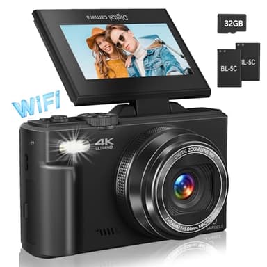 Digital Camera for Photography, 4K Vlogging Camera for YouTube 3" 180° Flip Screen 18X Digital Zoom Compact Retro Cameras with 32GB TF Card & 2 Batteries, Black