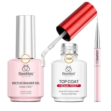 Beetles HEMA-Free 15ml Gel Top Coat and Builder Gel for Nails with Nail Brush, Low Heat Hypoallergenic Clear 8 in 1 Builder High Shine Long Lasting No Wipe Top Coat Nail Polish