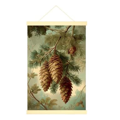 Pinecones Canvas Hanging Poster Wall Art, Natural Rustic Branches Leaves Fall Green Hanging Poster with Frames Home Classroom Office Cubicle Decor 20x28 Inches