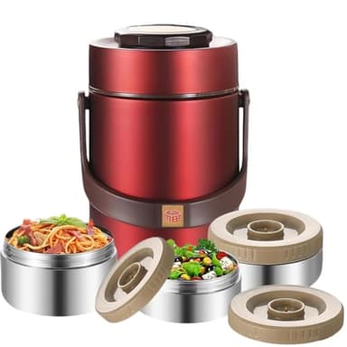 67oz Vacuum Insulated Lunch Food Container for Hot Food, 3 Tier Sealed Stackable Food Thermo, Adults Stainless Steel Wide Mouth Thermal Lunch Box, Leak-Proof Thermo Food Jar for Office & Outdoor(Red)
