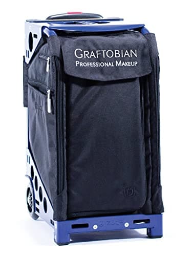Zuca Pro Artist Wheeled Makeup Case - w/ 2 HD Super Palettes - Black Insert Bag in Navy Blue Frame with 5 Vinyl Bags and Travel Cover - Graftobian Professional
