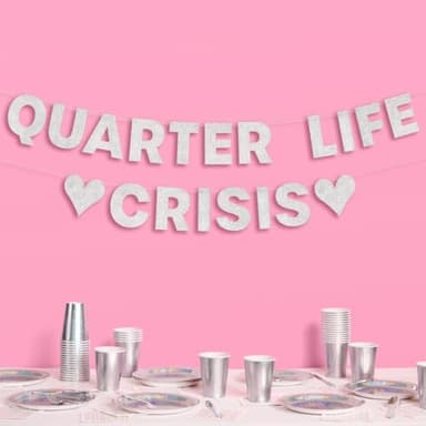 xo, Fetti Quarter Life Crisis Banner - Silver Glitter, 4 Ft. | Fun Birthday Party Decorations, 25th Birthday Decor, HBD, Gag Gift, Photobooth Backdrop, 30th Birthday
