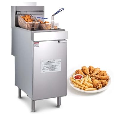 VEVOR Commercial Deep Fryer, 3-Burner Fryer for Restaurants, Stainless Steel Floor Standing Deep Fryers with Dual Baskets and Adjustable Temperature, Natural Gas Powered, 40 lbs Capacity, 90,000 BTU