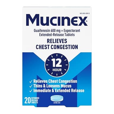 Mucinex 12 Hour 600 mg Guaifenesin Extended-Release Tablets for Excess Mucus Relief, Expectorant Aids Excess Mucus Removal, Chest Congestion Relief, 20 Bi-Layer Tablets