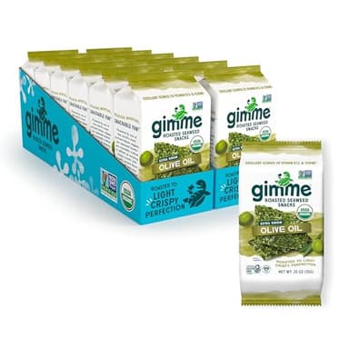 Gimme Seaweed Organic Premium Roasted Seaweed Snacks, Extra Virgin Olive Oil, 12 Count Sharing Size, Keto, Vegan, Gluten-Free, Source of Omega3s & Iodine, Healthy On-The-Go Snack for Kids & Adults
