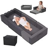 HAHASOLE Toddler Travel Bed, Portable Foldable Toddler Bed, Raised Safety Bumpers，Converts to Two Sofas, Removable Washable Chair Cover and Carrying Handle with Storage Bag (Gray)…