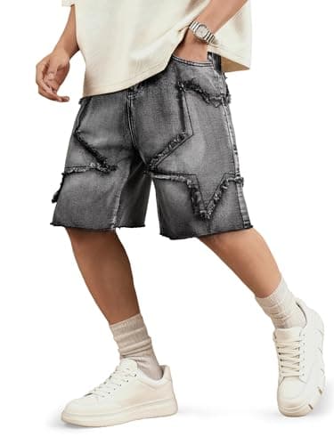 JMIERR Baggy Jeans Shorts for Men Oversized Fit Knee-Length Wide Leg Jorts Y2K Vintage Streetwear Denim Shorts with Star Patches, Gray, X-Large