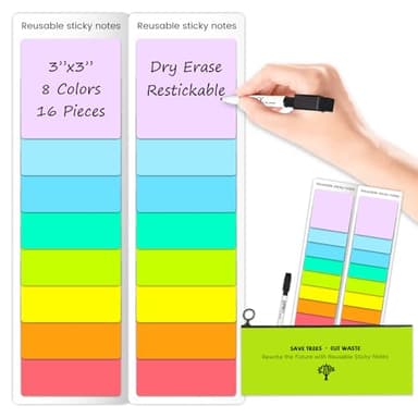 JJPRO Dry Erase Sticky Notes - Reusable Whiteboard Stickers 8 Colors 3"x3"-16 Pack. Suitable for All Smooth Surface.Great for Labels, Lists, Reminders and Decals-Washable,Removable