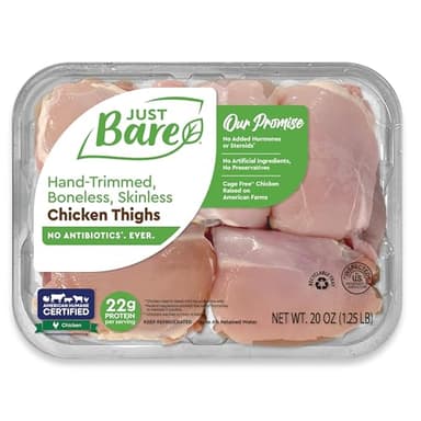 Just Bare® Chicken Natural Fresh Chicken Thighs | Antibiotic Free | Boneless | Skinless | 1.25 LB