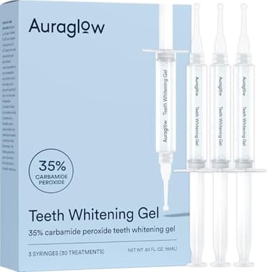 Auraglow 35% Teeth Whitening Gel Syringe Refill Pack, 35% Carbamide Peroxide, 30 Whitening Treatments, (3) 5mL Whitening Gel Syringes