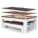 Hathaway Newport II Premium 7 Ft Multi Game Pool Table Combo with Dining Top and Ping Pong – Includes Set of Benches for Home Storage and Accessories – White & Camel Finish
