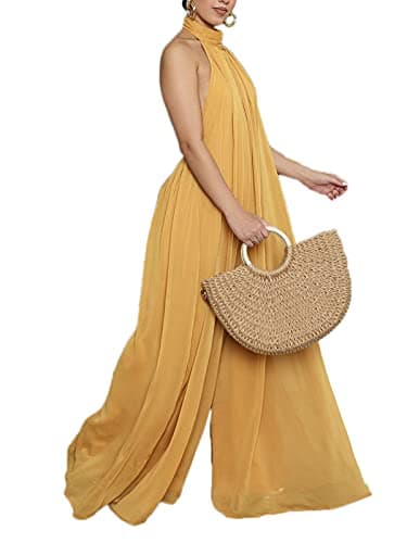 Ekaliy Women Sexy Summer Jumpsuit Halter Neck Sleeveless Chiffon Wide Leg Long Pant Jumpsuit Romper One Piece Party Outfit Yellow X-Large