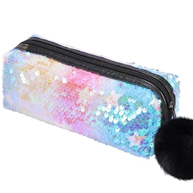 PHOGARY Sequin Preppy Pencil Case for Girls, Fluffy Zip Pull Pouch Bag Holographic Pen Case Sparkling School Stuff Shimmery Glitter Makeup Bag (Blue, Pink)