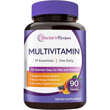 Doctor's Recipes Multivitamin for Women & Men, Immune, Energy & Brain Health Support, Vitamin A, C, D3, E, B6, B12, Folic Acid, Iron, Zinc, Copper, Selenium & Iodine, No Gluten, Non-GMO, 90 Tablets
