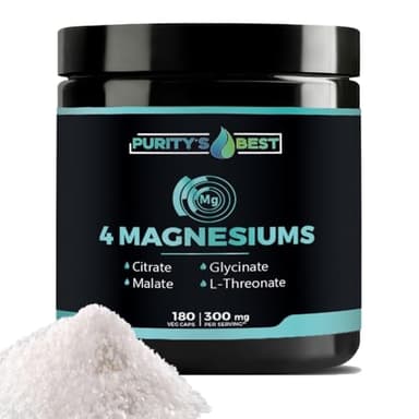 Purity's Best 4 MAGNESIUMS, Premium Magnesium Glycinate, Malate, L-Threonate, Citrate, 300mg, 180 Veggie Capsules, Third Party Tested, 3 Months’ Supply, Muscle Energy Nerve and Cognition Support
