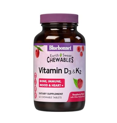 Bluebonnet Nutrition Vitamin D3 & K2 EarthSweet Chewable Tablets, for Immune, Mood & Heart Health*, Soy-Free, Gluten-Free, Non-GMO, Kosher Dairy, 60 Raspberry Flavor Chewable Tablets, 60 Servings