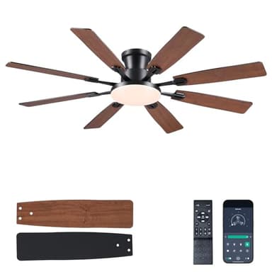JSAITEE 60Inch Ceiling Fan with Lights and Remotes, Large Low Profile Flush Mount Ceiling Fans,DC Reversible Motor, 3CCT Dimmable,Noiseless,Dual Finish, Brown 6 Speeds Ceiling Fan for Indoor/Outdoor
