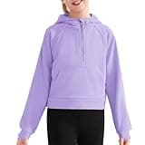 Weixinbuy Girls Hoodies Sweatshirts Half Zip Pullover Crop Tops for Teen Girls Long Sleeve Pocket Sweatshirt Trendy Clothes with Thumb Hole 9-10 Years Purple