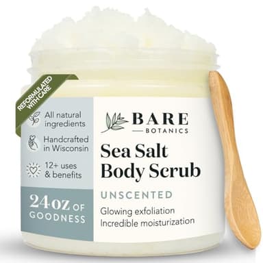 Bare Botanics Unscented Body Scrub 24 oz - Naturally Scented Sea Salt Scrub Made in Madison, WI - Formulated w/Skin Loving Moisturizers - Vegan, Cruelty Free Exfoliator w/a Cute Wooden Spoon