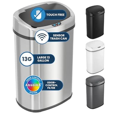 iTouchless 13 Gallon Oval Sensor Trash Can with Odor Filter, 50 Liter Automatic Kitchen Garbage Bin, Fingerprint-Proof Stainless Steel, Smart Hands-Free Motion Lid, Quiet Soft-Close, Brushed Silver