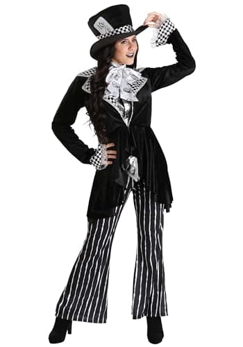 Fun Costumes Women's Deluxe Dark Mad Hatter Costume, Wonderland Outfit with Jacket, Vests, Pants, Bowtie, & Hat - Medium - Black