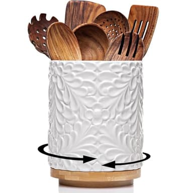 Extra Large 360° Rotating Utensil Holder for Kitchen Counter, 8.3” Cooking Utensil Holder for Countertop with Bamboo Base, White Ceramic Utensil Crock Canister for Cooking Utensils - Engraved Design