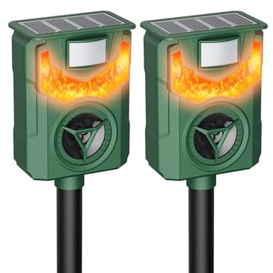 2 Pack Flame Guard Ultrasonic Animal Repellent, Outdoor Cat Deterrent with Motion Activated, Solar-Powered Squirrel, Deer, Skunk, Raccoon, Rabbit and Dog Repeller Waterproof for Yard Farm Garden