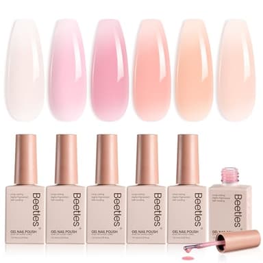 Beetles Jelly Gel Nail Polish Set - Ballet Dress Jelly Gel Polish, 6 Colors Milky Pink Nude Pink Sheer Gel Nail Kit Transparent Effect Soak Off UV DIY Manicure French Nail Art Gifts for Women