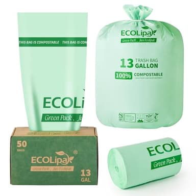 ECOLipak 13 Gallon Compostable Trash Garbage Bags, 50 Count (1 Roll) Biodegradable Heavy Duty Bathroom Kitchen Trash Bags for Home/Office, US BPI ASTM D6400 and OK Compost Home Certified