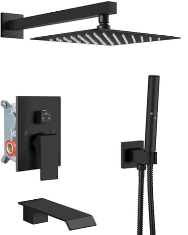 Aolemi Shower System with Tub Spout and Valve, 10-Inch Square Wall Mounted Rainfall Shower Head, Bathtub Shower Faucet Set with 2-Function Handheld Sprayer, Matte Black