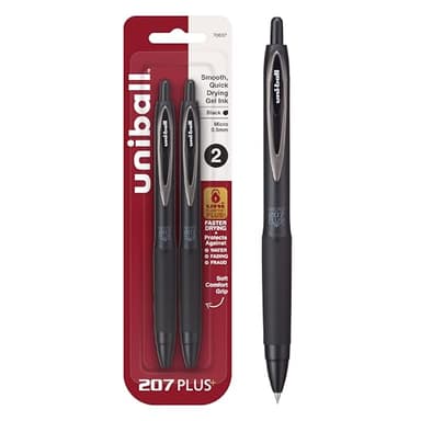 Uni-Ball 207+ Black Retractable Gel Pens 2 Pack with Micro 0.5mm Points, Fraud Proof Office, Nursing, Business, School, Bible Pens