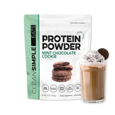 Clean Simple Eats Whey Protein Powder, Mint Chocolate Cookie Flavor, Naturally Sweetened, 100% Grass Fed Protein Powder with Digestive Enzymes, No Artificial Ingredients, Gluten Free, 30 Srvgs