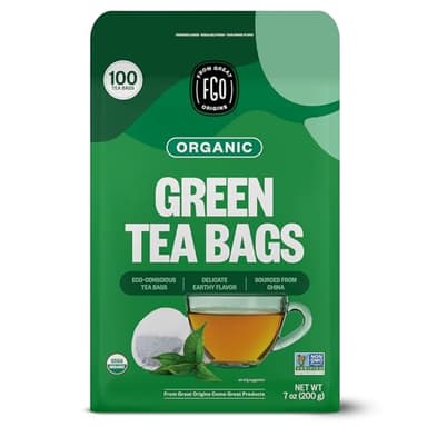 FGO Organic Green Tea, 100 Count Eco-Conscious Tea Bags, Caffeinated, Resealable Pouch, Packaging May Vary (Pack of 1)