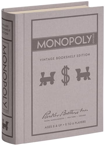 WS Game Company Monopoly Vintage Bookshelf Edition Board Game Premium Fabric-Wrapped Book Storage Box with Retro Graphics, Wooden Houses, Strategy Board Games for Kids, Adults & Family, Ages 8+