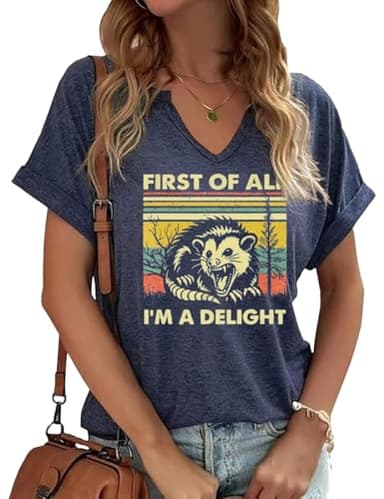 Womens Funny Opossum V Neck Shirt First of All I'm a Delight Letter Printed Short Sleeve Tee Angry Opossum Summer Fall Tops(L,O-Navy)