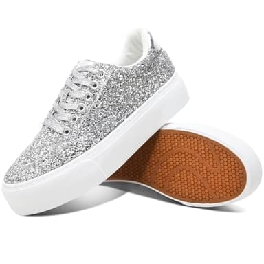 Jeekopeg Glitter Platform Sneakers Women Casual Sequin Sparkly Shoes Bling Thick Sole Walking Shoes Shiny Sequin Wedding Sneakers for Lady(Silver Glitter,US8)