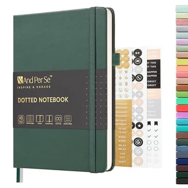 &And Per Se Dotted Journal Notebook, A5 Hardcover Leather Bullet Dotted Journal, 160 Pages 100 gsm Thick Paper, 3 Sheets of Stickers Included - 5.7'' x 8'' （Green）