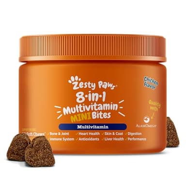 Zesty Paws Dog Multivitamin, Chewable Dog Vitamins and Supplements for Hip & Joints, Skin & Coat, Omega 3 Fish Oil for Dogs- Senior & Puppy Multivitamin - Chicken Mini Bites- 90ct