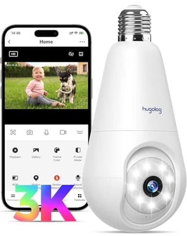 Hugolog 3K 5MP Light Bulb Security Cameras Wireless Outdoor-2.4GHz Cameras for Home Security Indoor with AI Sound Processing&Motion Detection,Color Night Vision,Auto Tracking,Siren Alarm,2-Way Talk